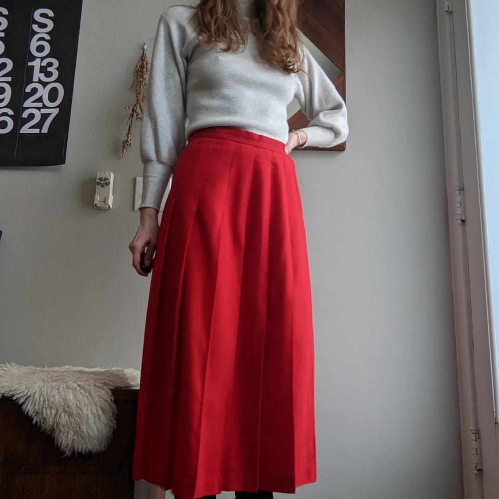 Vintage Red Wool Pleated Midi Skirt